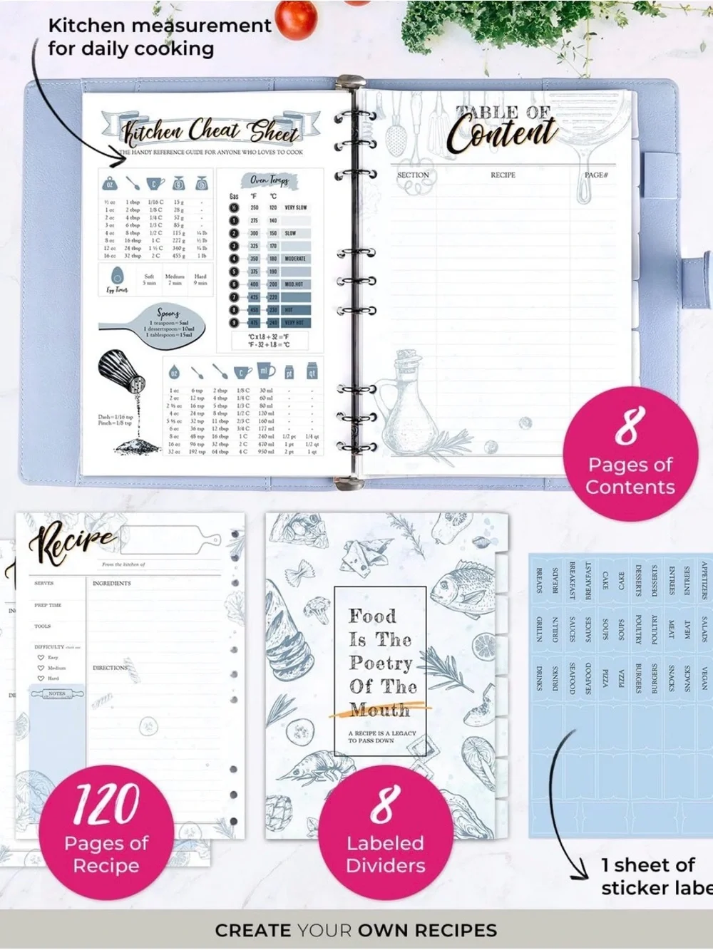 Light Blue Recipe Book Binder with Table of Contents
